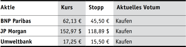 <p><strong>BNP Paribas</strong><br /><strong>JP Morgan</strong><br /><strong>Umweltbank</strong></p>
