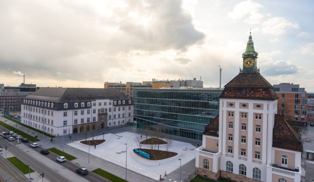 Merck Konzernzentrale aus der Vogel-Perspektive in Darmstadt, Deutschland