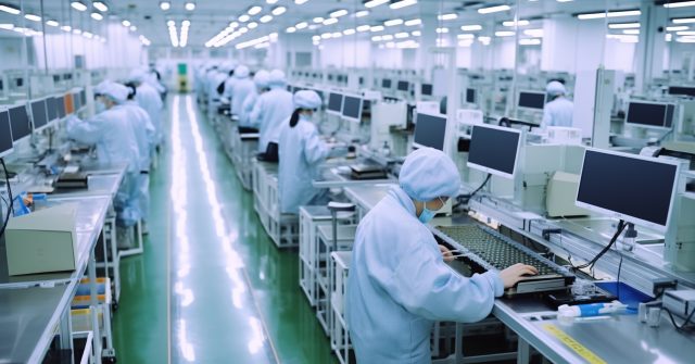 Arbeiter in der Foxconn-Fabrik (Hon-Hai Precision) beim Zusammenbau elektronischer Komponenten am Fließband