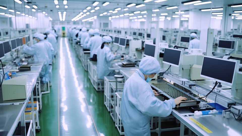 Arbeiter in der Foxconn-Fabrik (Hon-Hai Precision) beim Zusammenbau elektronischer Komponenten am Fließband