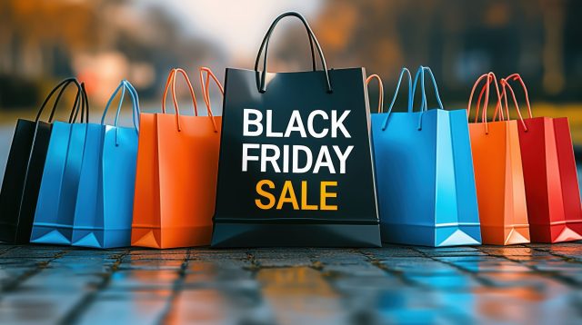 Bunte Einkaufstüten, die auf einen Black Friday-Ausverkauf hinweisen