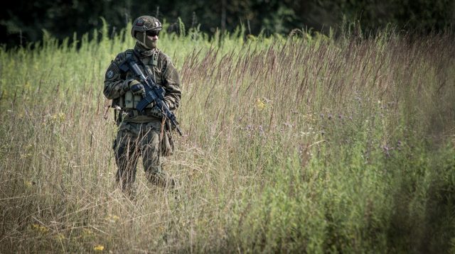 Soldat im hohen Gras.