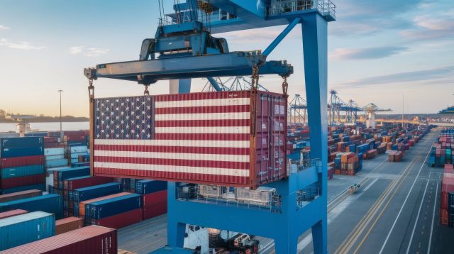 Hafenkran, der einen Container mit amerikanischer Flagge anhebt