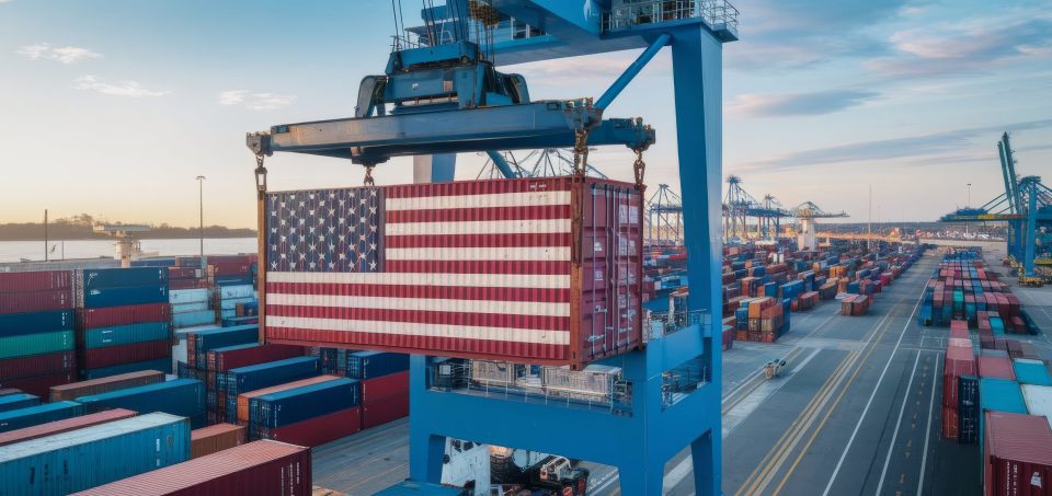 Hafenkran, der einen Container mit amerikanischer Flagge anhebt