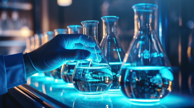 Scientist in laboratory analyzing blue substance in beaker, conducting medical research for pharmaceutical discovery, biotechnology development in healthcare, science and chemistry concept