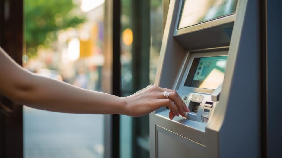 Closeup einer Frau, die Geld am Bankautomaten abhebt